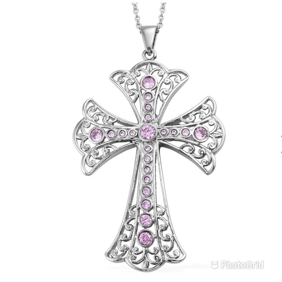 Simulated Pink Diamond Cross Necklace - Picture 2 of 7